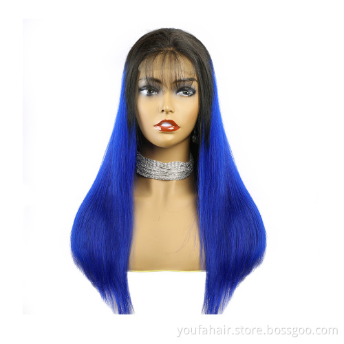 Brazilian Virgin Human Hair 1b/blue Ombre Color 4x4 HD Lace Closure Wig Pre Plucked Transparent Lace Front Wigs with Baby Hair